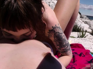 Public Beach Lesbian Oral Sex with Tattooed Babes